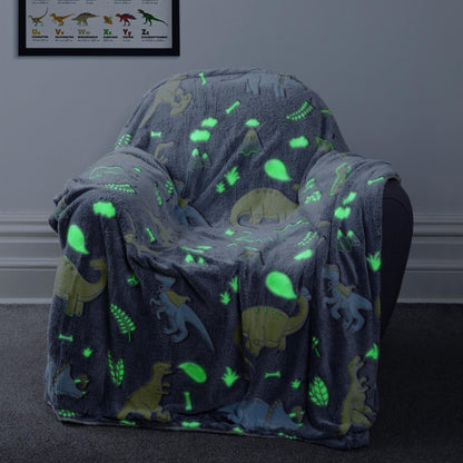 Dinosaur Glow In The Dark Teddy Fleece Bedding Set with Bed Throw and Cushion Prehistoric Design for Kids Available in Single and Double Sizes by OLIVIA ROCCO