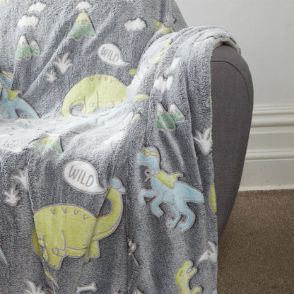 Dinosaur Glow In The Dark Teddy Fleece Bedding Set with Bed Throw and Cushion Prehistoric Design for Kids Available in Single and Double Sizes by OLIVIA ROCCO