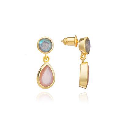 Gold Double Gemstone Drop Earrings with Peach Moonstone & Labradorite