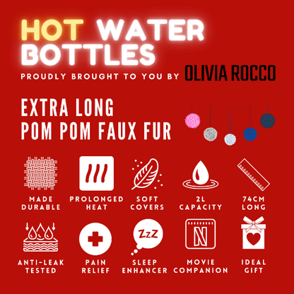 Extra Long 2L Hot Water Bottle with Plush Faux Fur Cover for Cosy Nights Natural Rubber UK Safe Tested Soft Fleece Ideal Gift for Adults Kids by OLIVIA ROCCO