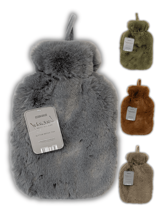 Faux Fur Super Soft Covered 2 Litre Luxury Hot Water Bottle for Thermotherapy Durable Natural Rubber UK Safe Tested for Winter Warmth Ideal Gift for Adults Kids by OLIVIA ROCCO