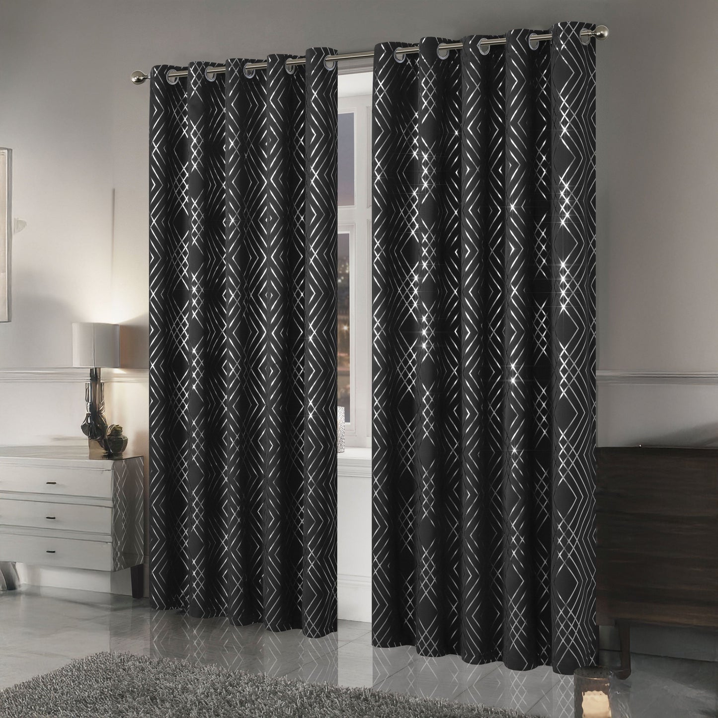 Geometric Black Sparkle Blackout Curtains Soft Thermal Insulated Eyelet Ring Top Living Room & Bedroom Drapes by OLIVIA ROCCO