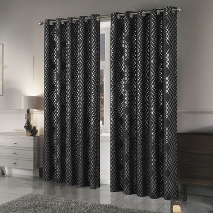 Geometric Black Sparkle Blackout Curtains Soft Thermal Insulated Eyelet Ring Top Living Room & Bedroom Drapes by OLIVIA ROCCO