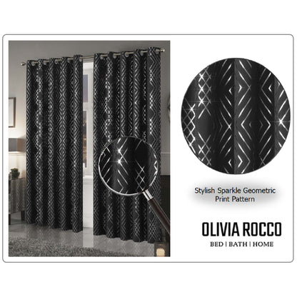 Geometric Black Sparkle Blackout Curtains Soft Thermal Insulated Eyelet Ring Top Living Room & Bedroom Drapes by OLIVIA ROCCO