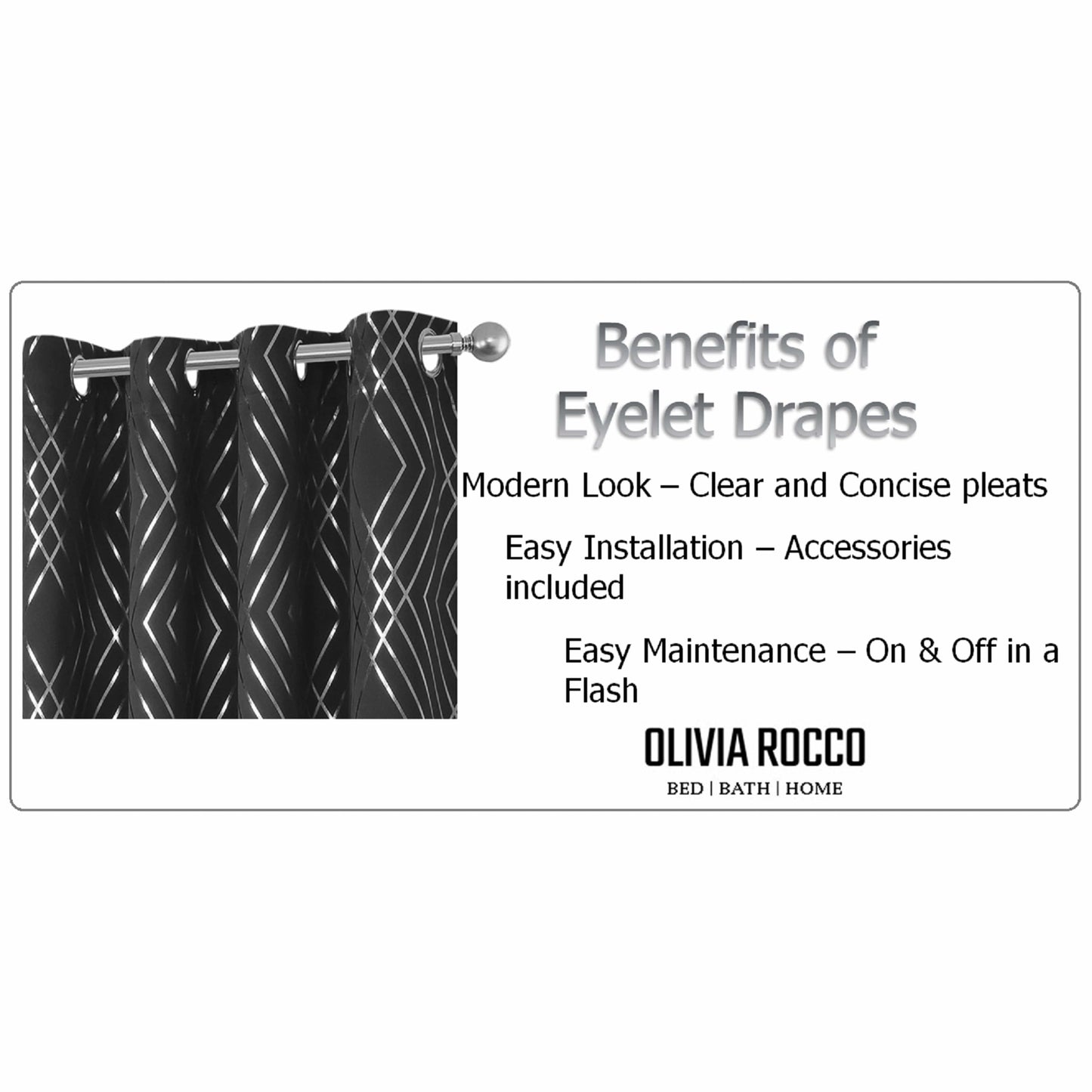 Geometric Black Sparkle Blackout Curtains Soft Thermal Insulated Eyelet Ring Top Living Room & Bedroom Drapes by OLIVIA ROCCO