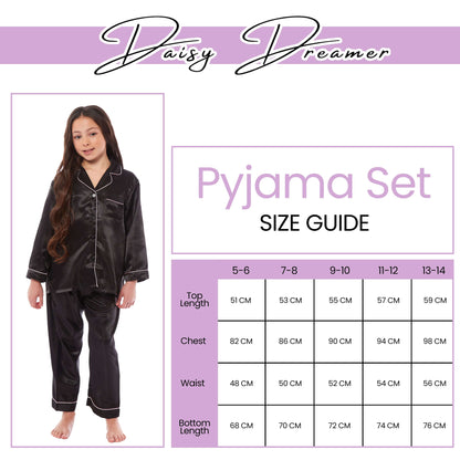 Girls Satin Silk Long Sleeve Pyjama Set Elegant Loungewear Cosy Nightwear Button-Down Shirt Loose-Fit Pants Black Pink Grey Sizes 5-14 by Daisy Dreamer