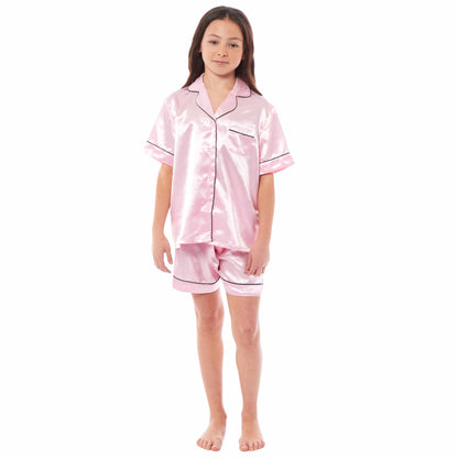 Girls Satin Silk Short Pyjama Set Button-Down Shirt and Loose-Fitting Pants Loungewear Nightwear for Ages 5-14 Black Pink Grey by Daisy Dreamer