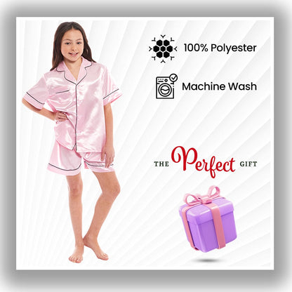 Girls Satin Silk Short Pyjama Set Button-Down Shirt and Loose-Fitting Pants Loungewear Nightwear for Ages 5-14 Black Pink Grey by Daisy Dreamer