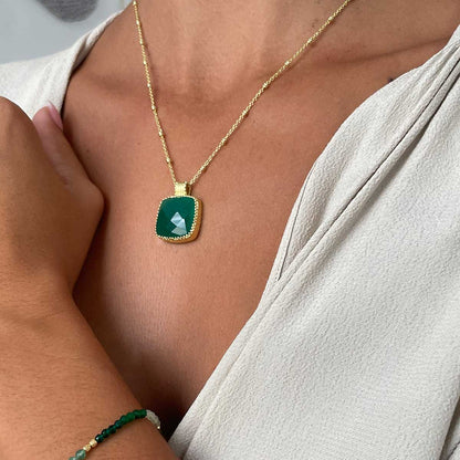 Tetra Large Square Gemstone Pendant  Green Onyx