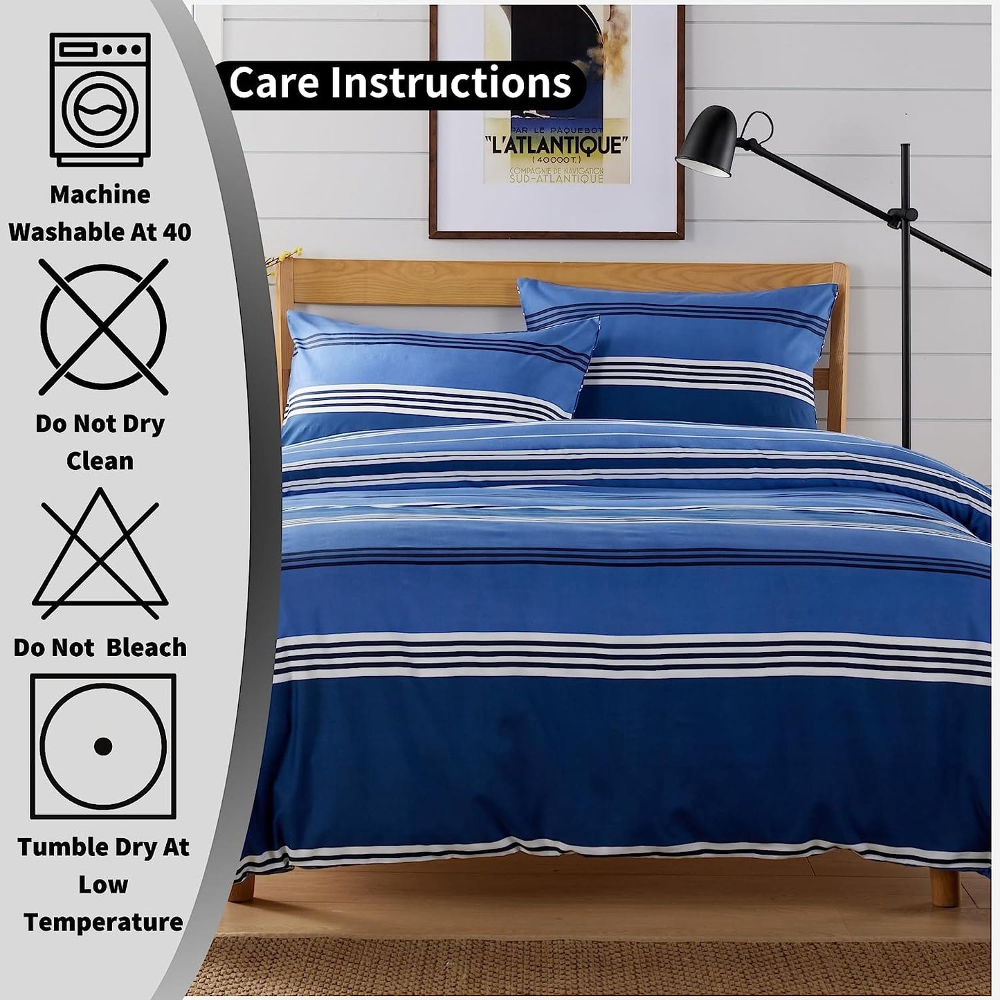 Harlow Stripes Blue Duvet Cover Set with Pillowcases Breathable Polyester Button Closure Bedding Available in Single Double and King Sizes by OLIVIA ROCCO