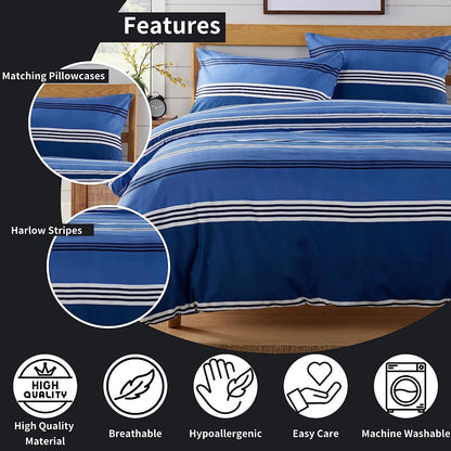 Harlow Stripes Blue Duvet Cover Set with Pillowcases Breathable Polyester Button Closure Bedding Available in Single Double and King Sizes by OLIVIA ROCCO