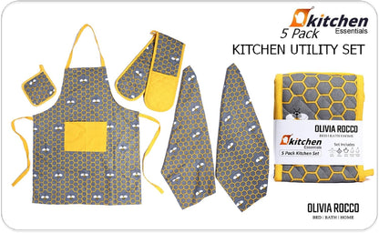 Kitchen Sets Apron Double Oven Gloves Towel Set Heat Resistant Oven Mitts Pot Holder for Home Kitchen Baking and Cooking Pack of 5 by OLIVIA ROCCO
