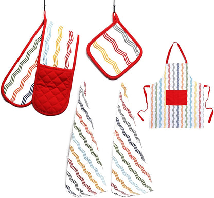 Kitchen Sets Apron Double Oven Gloves Towel Set Heat Resistant Oven Mitts Pot Holder for Home Kitchen Baking and Cooking Pack of 5 by OLIVIA ROCCO