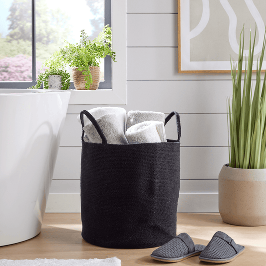 Large Woven Cotton Laundry Basket with Handles Durable Rope Storage Bin for Clothes Toys Household Items Versatile Organizer in Black Grey Natural OLIVIA ROCCO