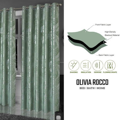 Leaf Sage Green Sparkle Blackout Curtains Super Soft Thermal Insulated Eyelet Drapes for Living Room & Bedroom 2 Panels by OLIVIA ROCCO