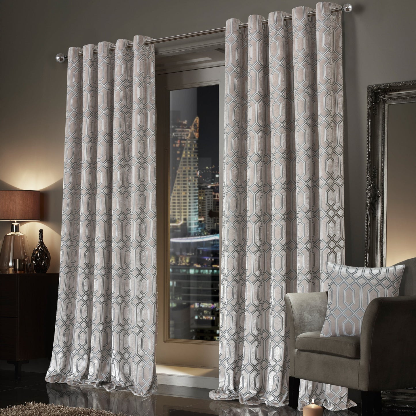 Luxe Geo Velvet Eyelet Curtains Champagne Thermal Insulated Soundproof Light Blocking Drapes for Bedroom & Lounge by OLIVIA ROCCO