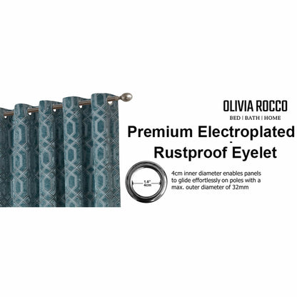 Luxe Geo Velvet Eyelet Curtains Teal Thermal Insulated Soundproof Light Blocking Drapes for Bedroom & Lounge by OLIVIA ROCCO
