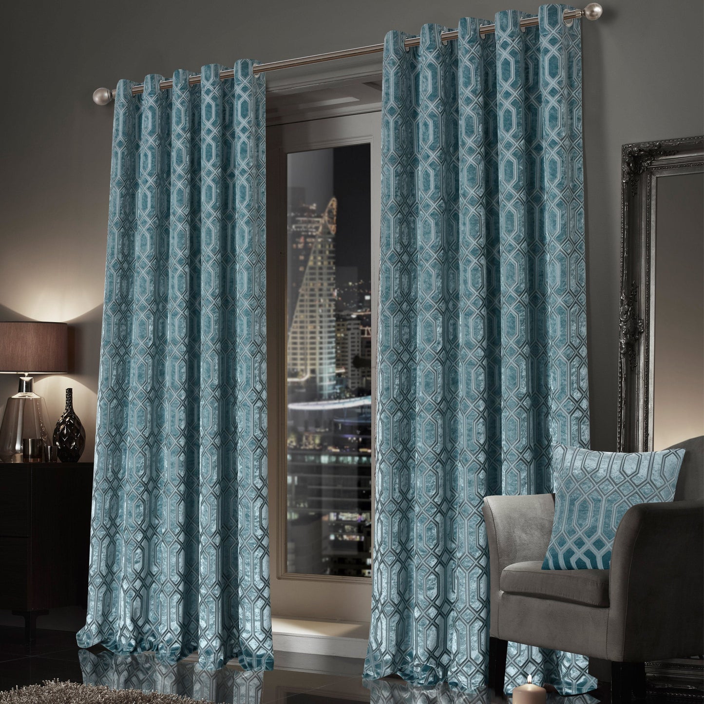 Luxe Geo Velvet Eyelet Curtains Teal Thermal Insulated Soundproof Light Blocking Drapes for Bedroom & Lounge by OLIVIA ROCCO