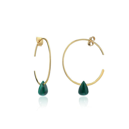 Hera Wire Hoop Earrings with Teardrop Stone: Gold Malachite