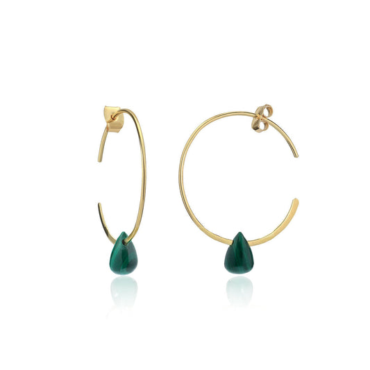 Hera Wire Hoop Earrings with Teardrop Stone: Gold Malachite