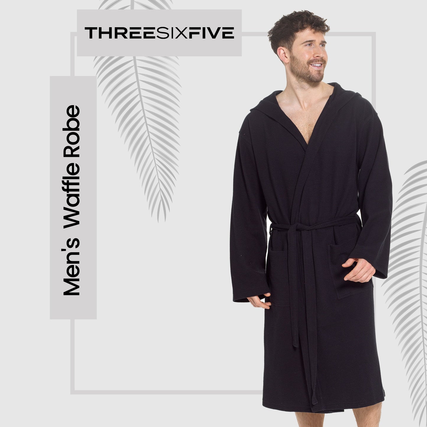 Men’s Hooded Waffle Cotton Bathrobe Black Super Absorbent Spa Robe Luxury Dressing Gown for Home & Loungewear by OLIVIA ROCCO