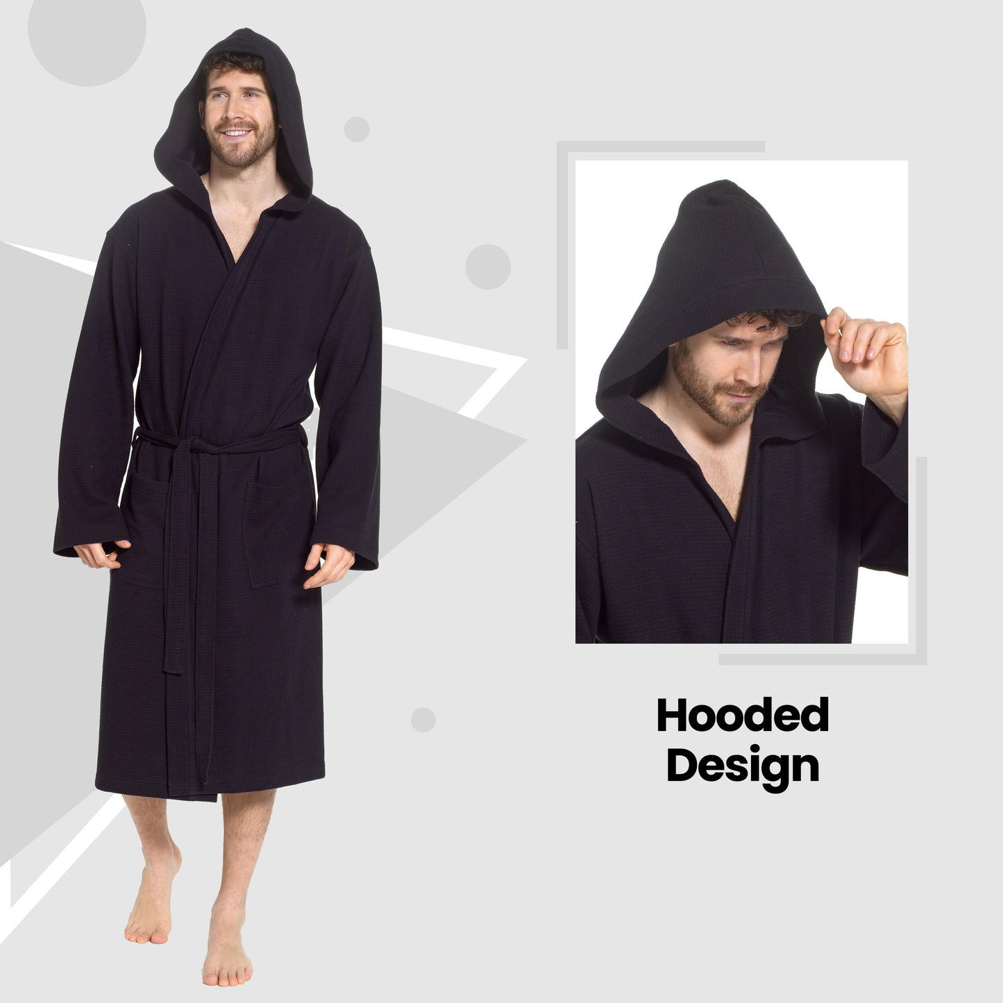 Men’s Hooded Waffle Cotton Bathrobe Black Super Absorbent Spa Robe Luxury Dressing Gown for Home & Loungewear by OLIVIA ROCCO