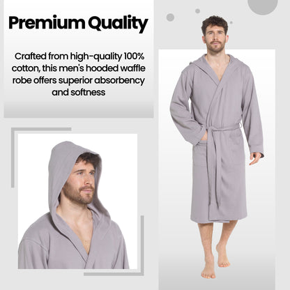 Men’s Hooded Waffle Cotton Bathrobe Grey Super Absorbent Spa Robe Luxury Dressing Gown for Home & Loungewear by OLIVIA ROCCO