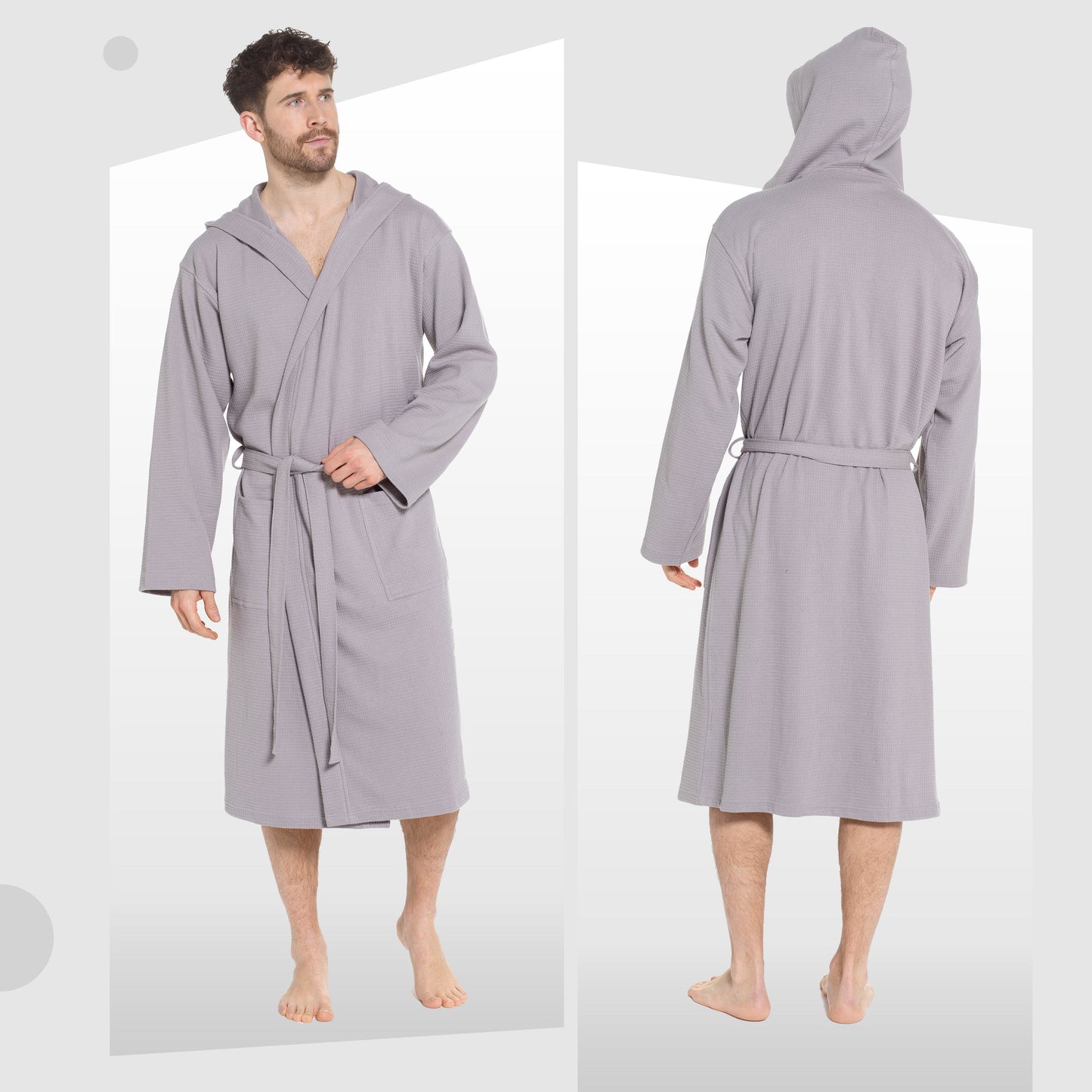 Men’s Hooded Waffle Cotton Bathrobe Grey Super Absorbent Spa Robe Luxury Dressing Gown for Home & Loungewear by OLIVIA ROCCO