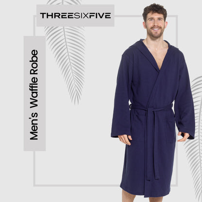 Men’s Hooded Waffle Cotton Bathrobe Navy Super Absorbent Spa Robe Luxury Dressing Gown for Home & Loungewear by OLIVIA ROCCO