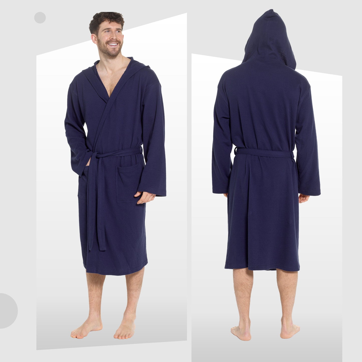 Men’s Hooded Waffle Cotton Bathrobe Navy Super Absorbent Spa Robe Luxury Dressing Gown for Home & Loungewear by OLIVIA ROCCO