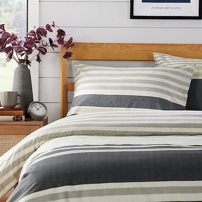 Miami Stripes Reversible Duvet Cover Set Hypoallergenic High-Quality Cotton Blend Bedding Available in Grey Natural Green Multiple Sizes by OLIVIA ROCCO