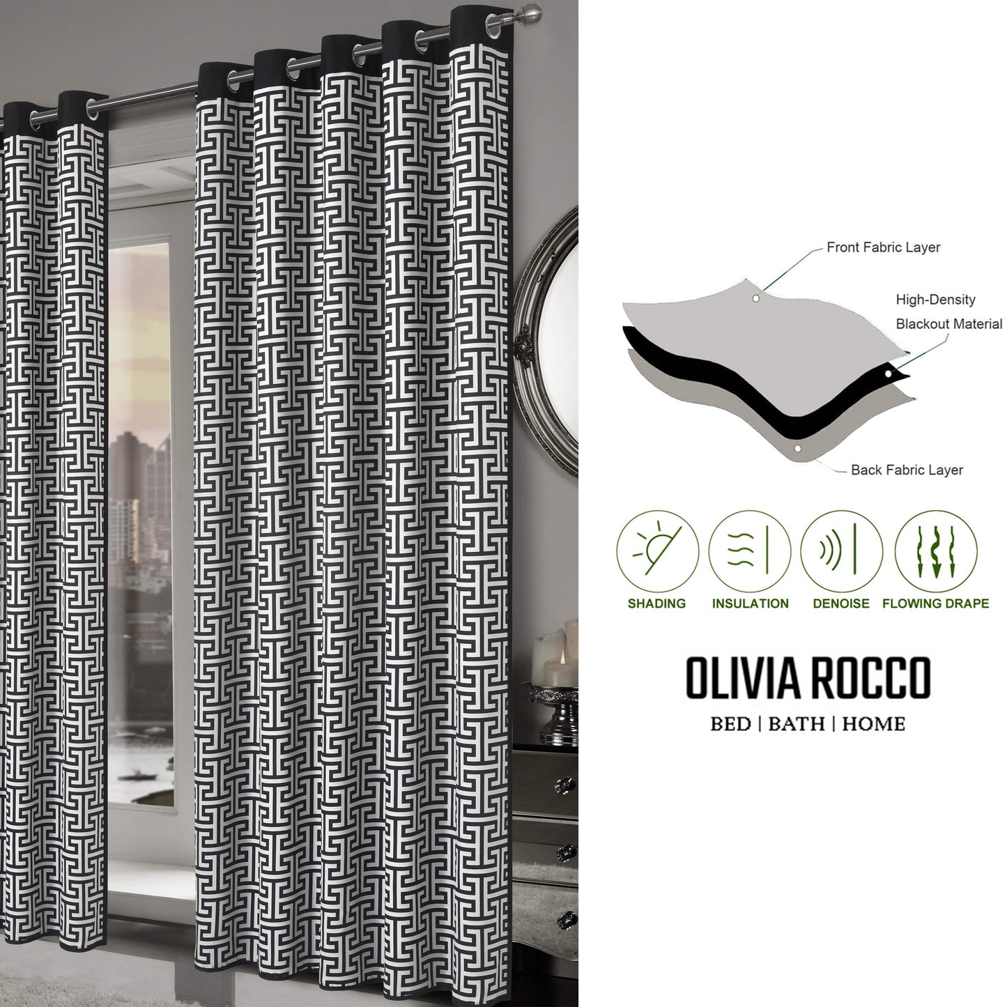 Milano Geometric Blackout Curtains Thermal Insulated Eyelet Pair Light-Blocking Window Drapes for Stylish Home Decor by OLIVIA ROCCO