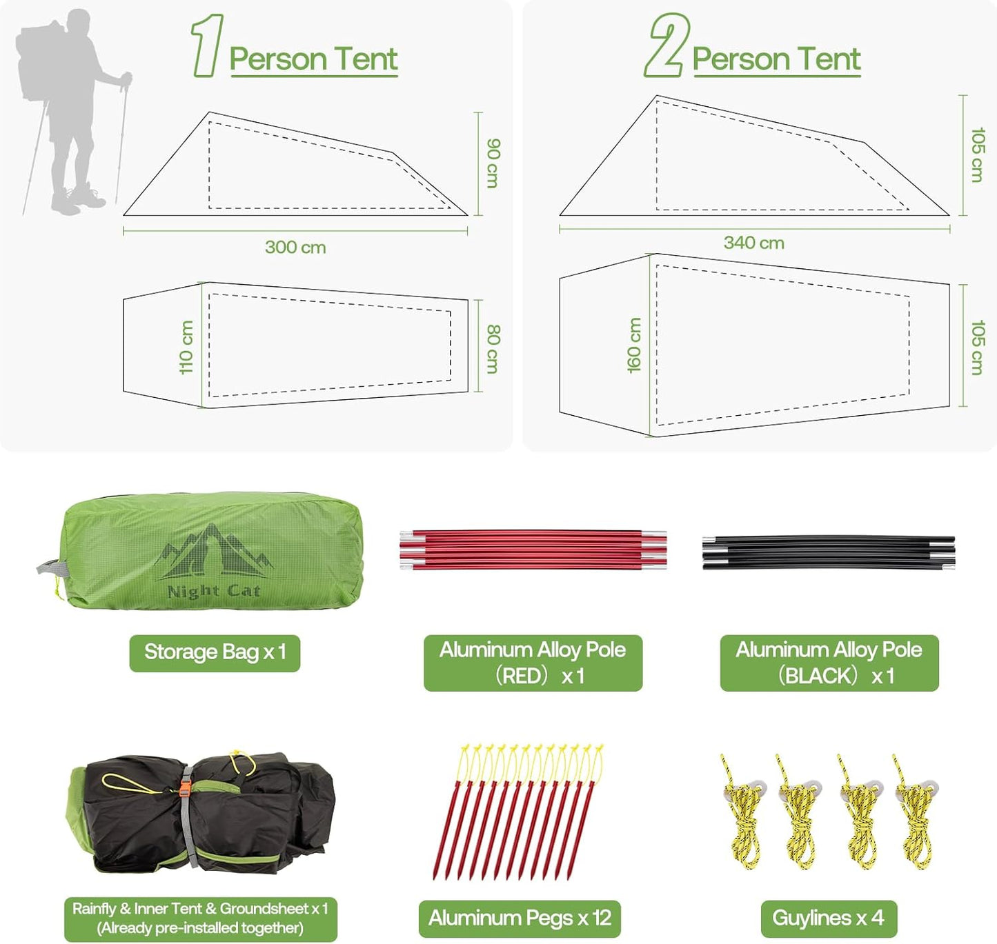 Night Cat 1 Person Ultralight Tunnel Tent – 1.5kg Waterproof