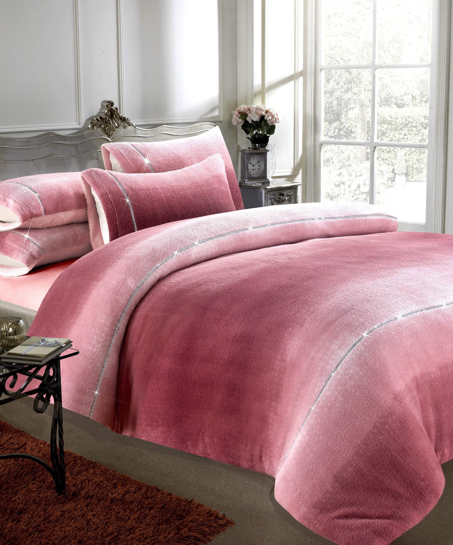 Ombre Teddy Fleece Duvet Set with Diamante Detailing Luxurious Super Soft Bedding Two-Tone Design Available in Single Double King Sizes by OLIVIA ROCCO