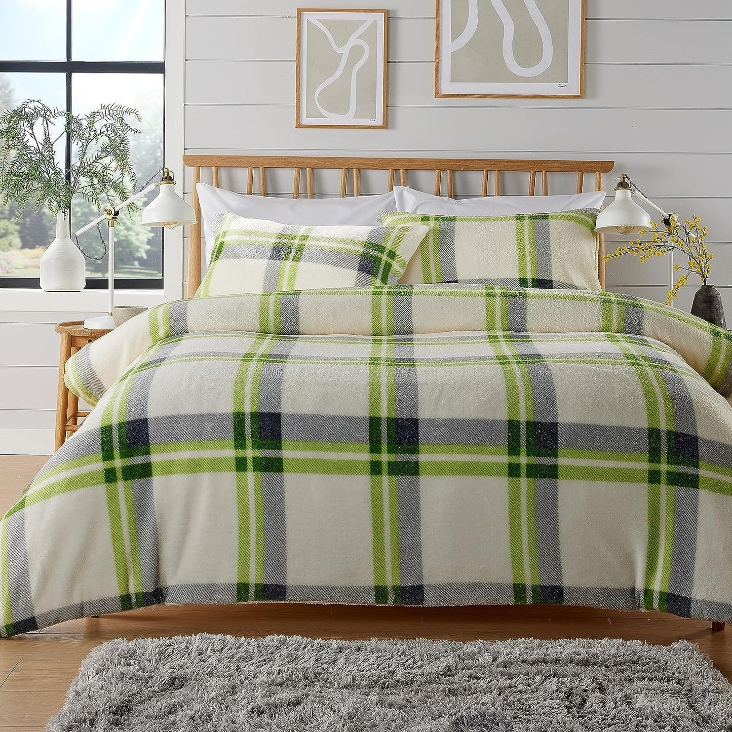 Orkney Check Fleece Duvet Set Grey Green Super Soft Luxurious Bedding Single Double King with Pillowcases Perfect for Winter Nights by OLIVIA ROCCO