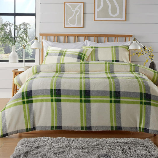 Orkney Check Fleece Duvet Set Grey Green Super Soft Luxurious Bedding Single Double King with Pillowcases Perfect for Winter Nights by OLIVIA ROCCO