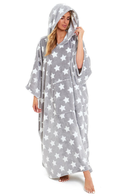 Oversized Hooded Fleece Poncho Blanket with Stars and Polka Dots Plush Wearable Blanket with Front Pocket for Adults Indoor Outdoor by Daisy Dreamer