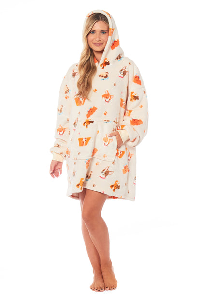 Oversized Hooded Reversible Sherpa Plush Fleece Blanket Hoodie with Adorable Dogs Print Ultra Soft Wearable Blanket for Adults and Kids One Size by Daisy Dreamer