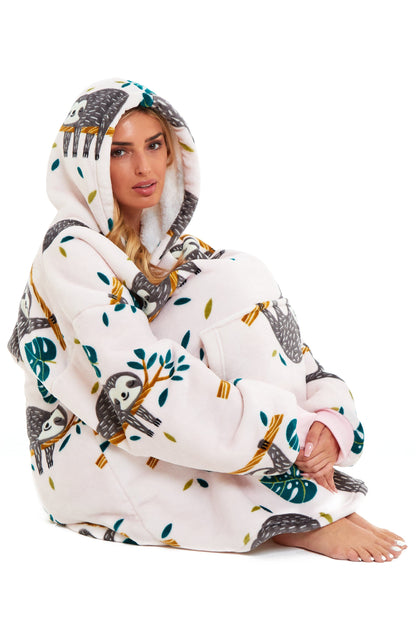 Oversized Sloth Hoodie Blanket with Reversible Sherpa Plush Fleece Giant 6XL for Adults and Kids with Pockets and Elastic Cuffs by Daisy Dreamer