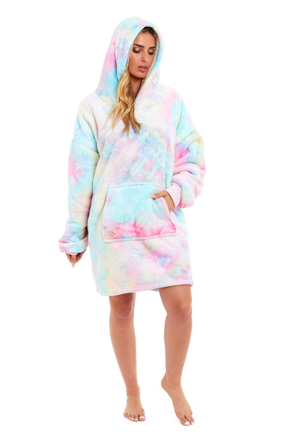 Oversized Tie Dye Rainbow Hooded Plush Fleece Blanket with Reversible Ultra Soft Sherpa, Giant Hoodie Sweatshirt for Adults and Kids with Elastic Cuffs and Pocket by Daisy Dreamer