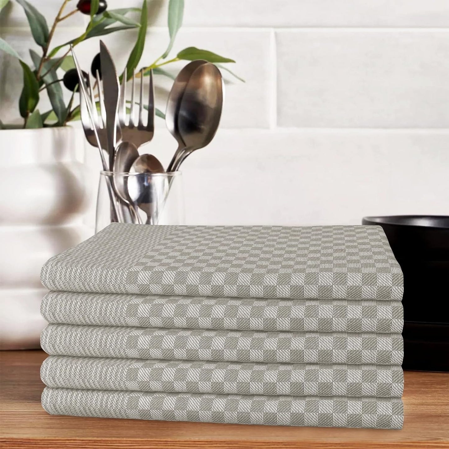 Pack of 5 Large Super Absorbent 100 Percent Cotton Tea Towels Quick Dry Durable Check Pattern Dish Cloths for Kitchen Home and Professional Use by OLIVIA ROCCO