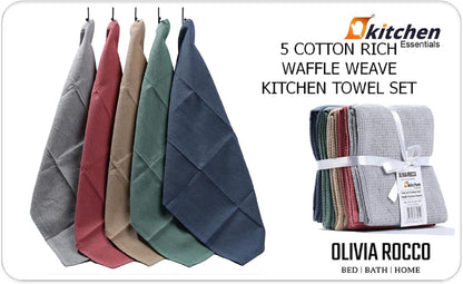 5 Pack Ultra Absorbent Waffle Kitchen Tea Towels High-Quality Soft Cotton Assorted Colours Durable for Home and Catering Use by OLIVIA ROCCO
