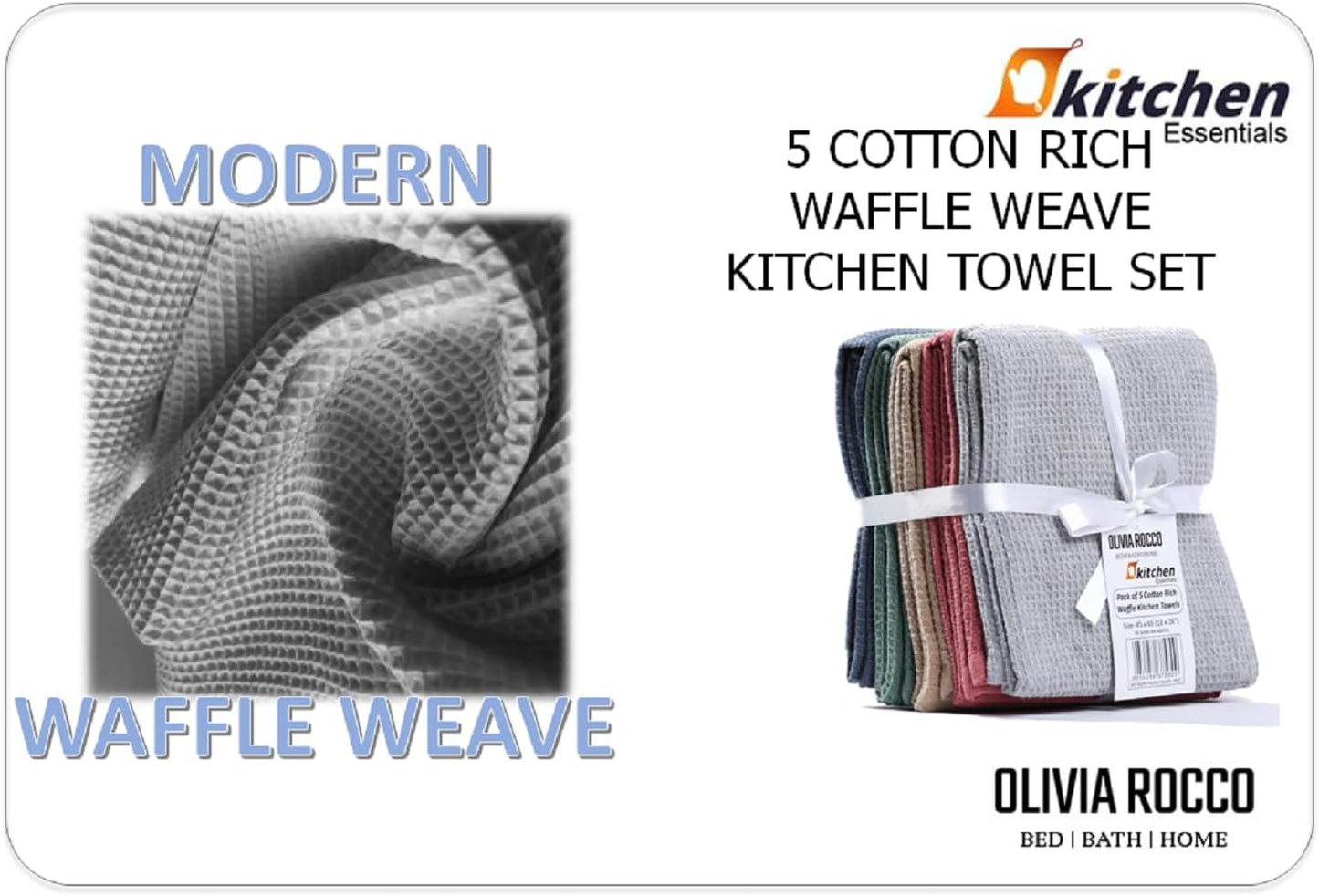 5 Pack Ultra Absorbent Waffle Kitchen Tea Towels High-Quality Soft Cotton Assorted Colours Durable for Home and Catering Use by OLIVIA ROCCO
