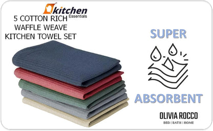 5 Pack Ultra Absorbent Waffle Kitchen Tea Towels High-Quality Soft Cotton Assorted Colours Durable for Home and Catering Use by OLIVIA ROCCO