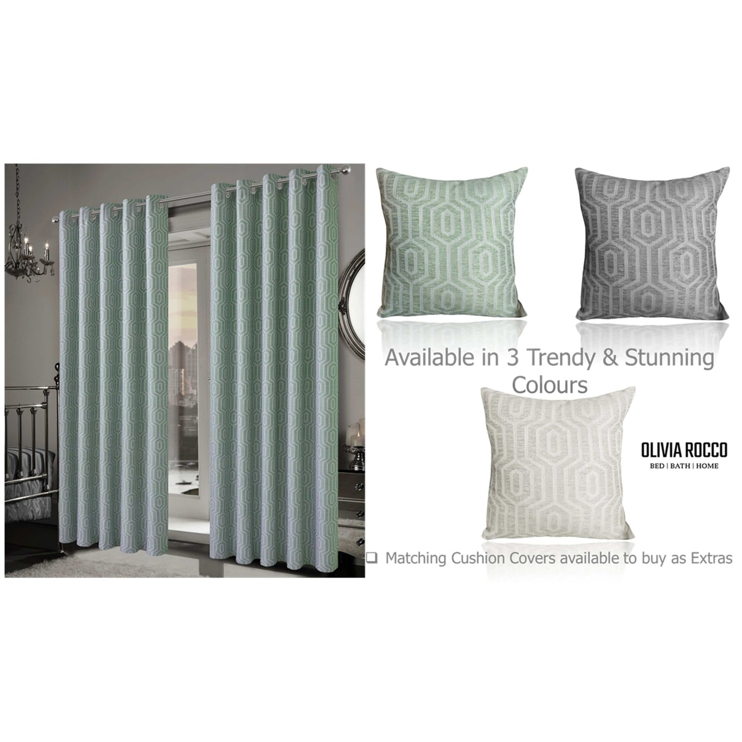 Paris Eyelet Jacquard Curtains Sage Green Geometric Pattern Thermal Insulated Light Blocking for Bedroom Lounge by OLIVIA ROCCO