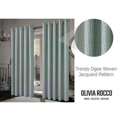 Paris Eyelet Jacquard Curtains Sage Green Geometric Pattern Thermal Insulated Light Blocking for Bedroom Lounge by OLIVIA ROCCO