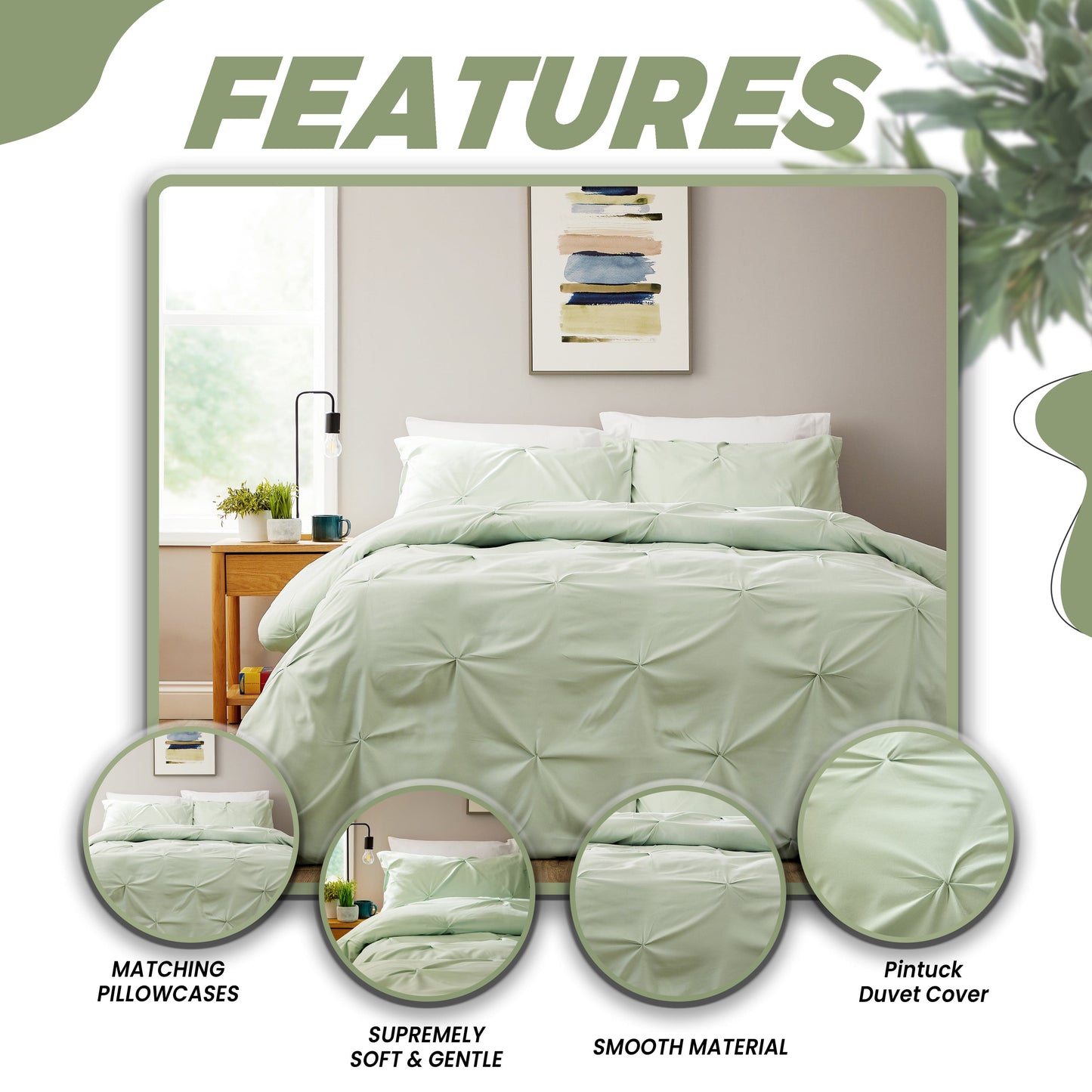 Pintuck Sage Green Microfibre Duvet Cover Set with Pillowcases Soft Breathable Easy Care Bedding Set Quilt Cover by OLIVIA ROCCO