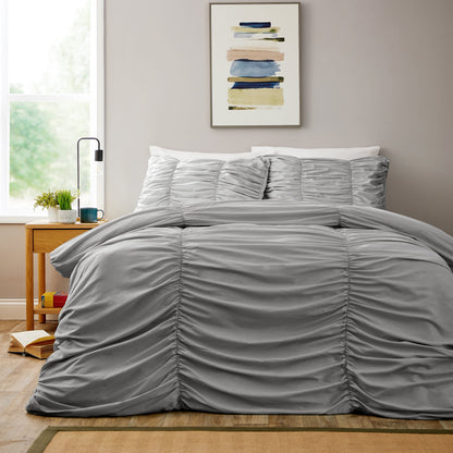 Ruched Grey Microfibre Duvet Cover Set with Pillowcases Ruffle Bedding Super Soft Easy Care Quilt Bed Linen by OLIVIA ROCCO