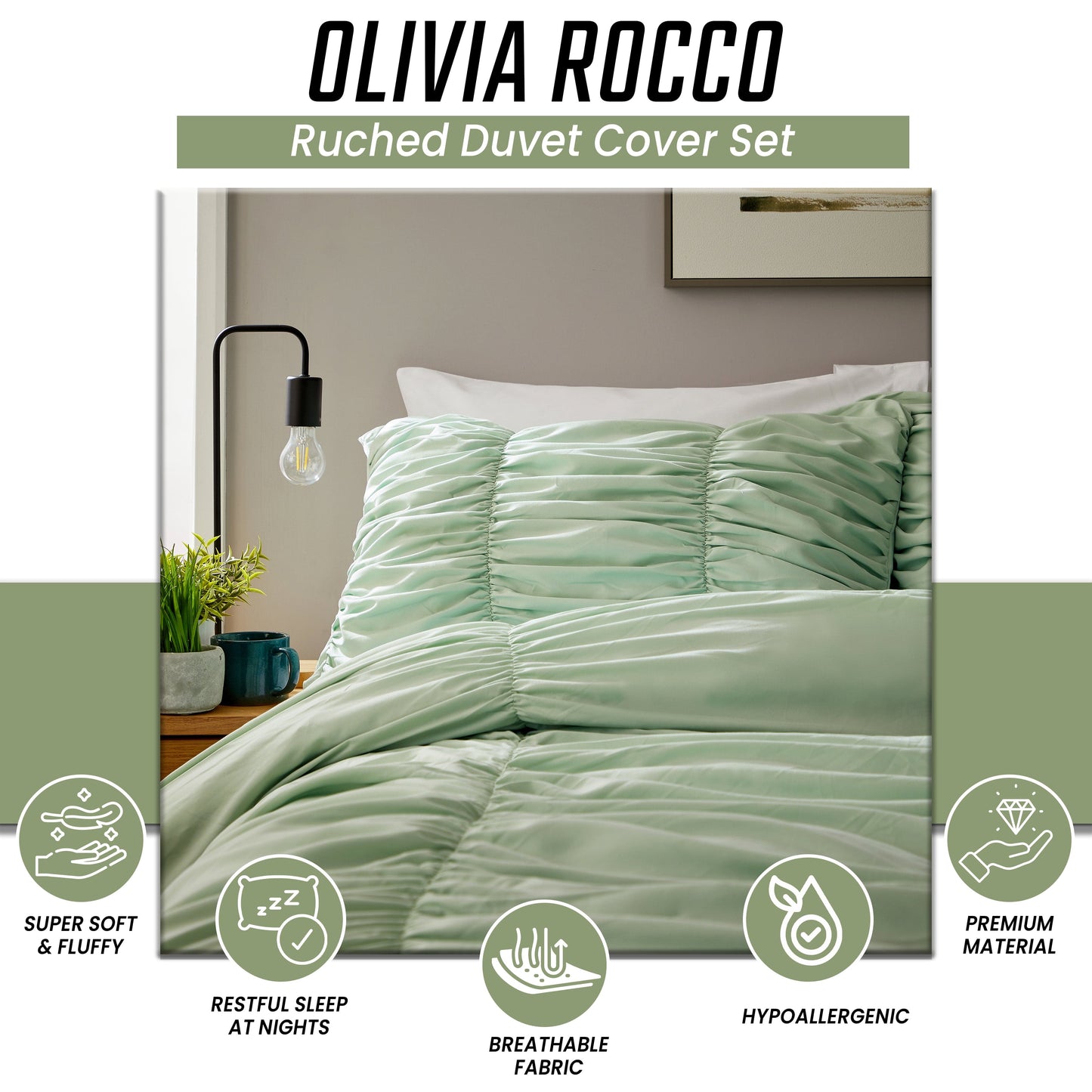 Ruched Sage Green Microfibre Duvet Cover Set with Pillowcases Ruffle Bedding Super Soft Easy Care Quilt Bed Linen by OLIVIA ROCCO