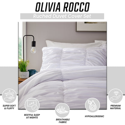 Ruched White Microfibre Duvet Cover Set with Pillowcases Ruffle Bedding Super Soft Easy Care Quilt Bed Linen by OLIVIA ROCCO